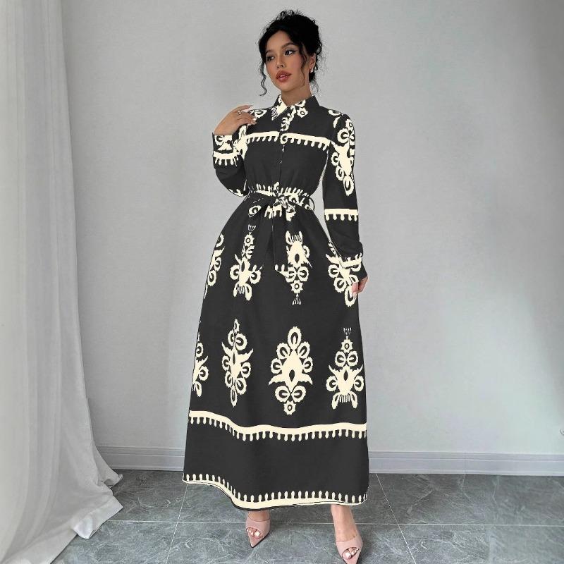 Women's Long Sleeve Geometric Print Maxi Dress Button Down With Waist Belt