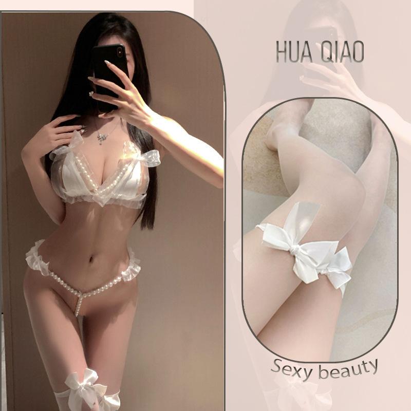 Sexy lingerie sexy lace three-point small chest shows big pearl seduction thong no-take suit female tease
