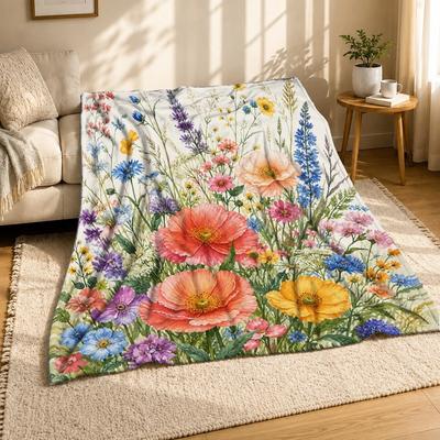 Spring Wildflower Meadow Cozy Throw Blanket Floral Landscape