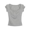 Summer new gray lace splicing short-sleeved T-shirt Korean simple design slim-fitting versatile top ins