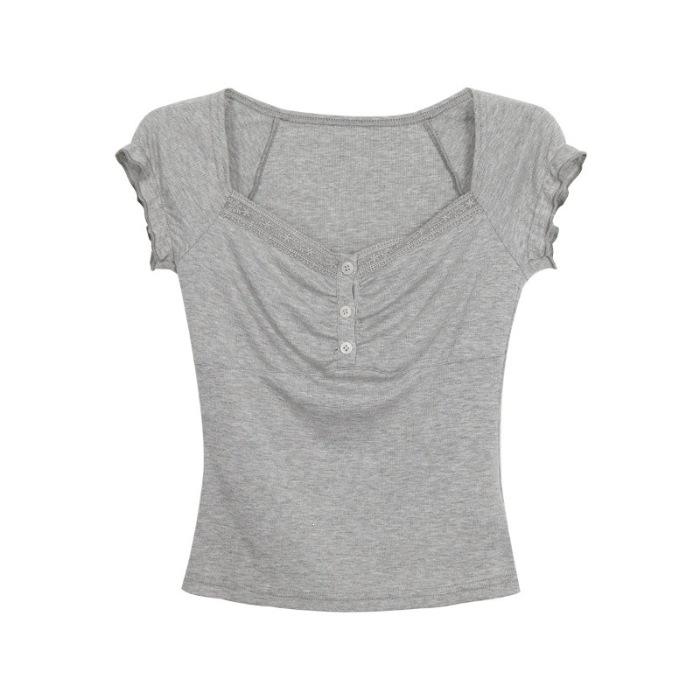 Summer new gray lace splicing short-sleeved T-shirt Korean simple design slim-fitting versatile top ins