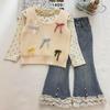 Girls' Autumn Three-Piece Set: Waffle Knit Cardigan with Bow, Polka Dot Base Layer, and Lace Micro-Flare Jeans