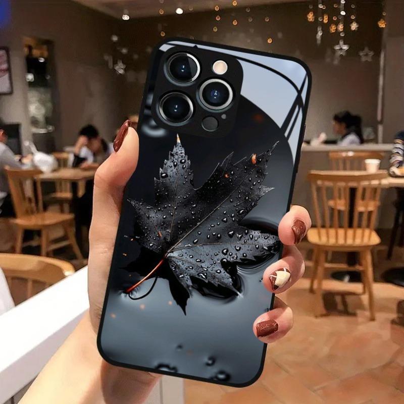 Black Leaf Pattern Glass Material Phone Case For iPhone 17 16 15 14 13 12 11 Pro Max 16E 17Air 7 8 15 Plus XR XS X Cover