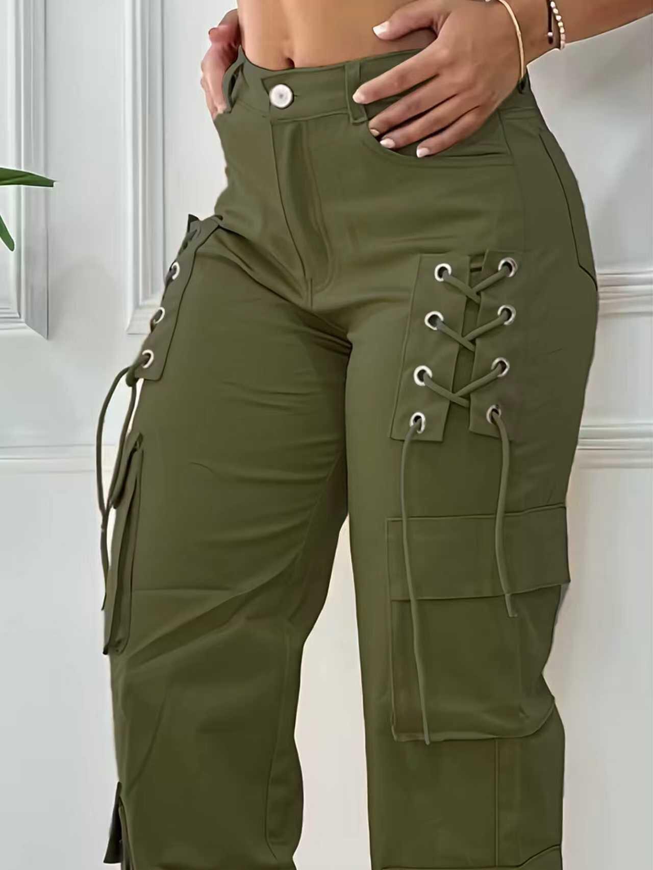 

Women s Casual Multi-Pocket Solid Color Work Pants XXL зелений