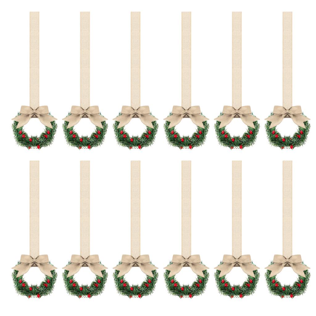 12Pcs Artificial Wreath 13cm Small Christmas Wreaths Ribbon Bows Wreath for Front Door Kitchen Cabinets Wall Window