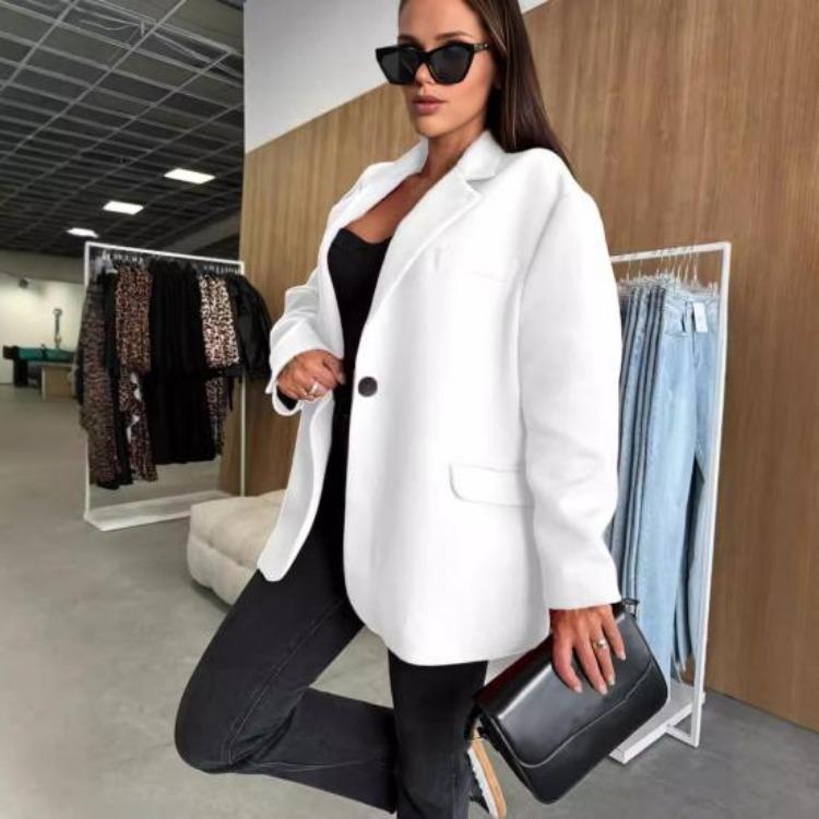 Casual Loose Oversized Warm Woolen Long Sleeves Single Breasted Women Winter Jacket Lapel Collar Solid Color Top Coat Autumn