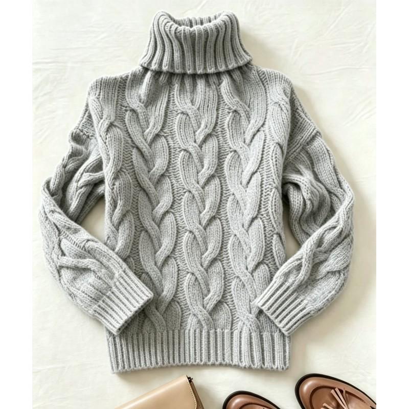 Womens High Neck Long Sleeve Knit Sweater With Twisted Cable Soft Acrylic Loose Fit Casual Fall Winter Fashion