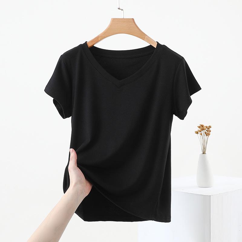 Women's Summer 2025 Slimming Solid V-Neck Short Sleeve T-Shirt - Casual, Versatile and Stylish