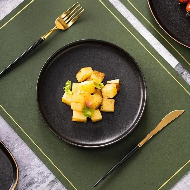 Black Frost Steak Plate 8-inch Household Square Gold Border Western Dining Plates Western Restaurant Italian Pasta Tableware