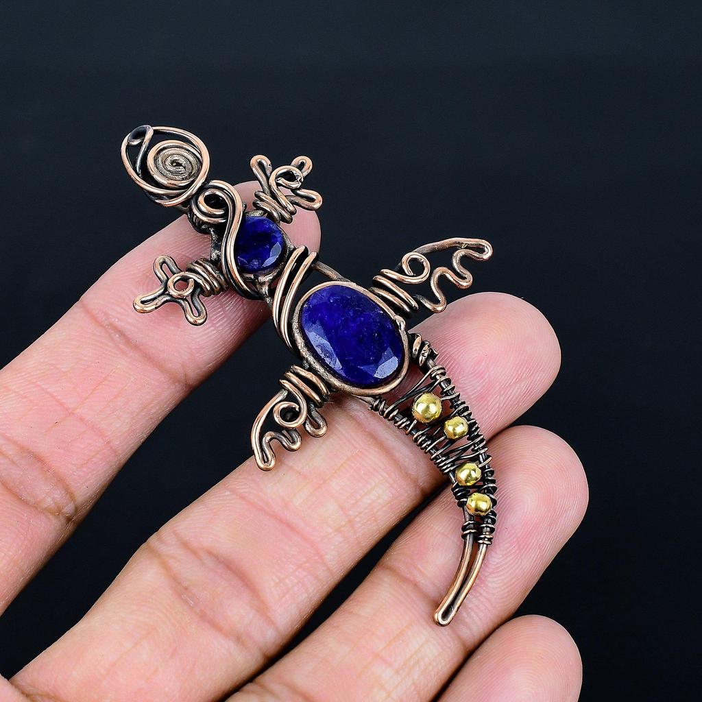 Blue Sapphire Pendant, Handmade Gemstone Pendant, 999 Copper Wire Wrapped Pendant Antique Jewelry, For Engagement Gift