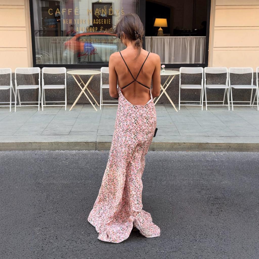 European and American women's clothing summer new sexy temperament V-neck slim-fit printed long suspender dress