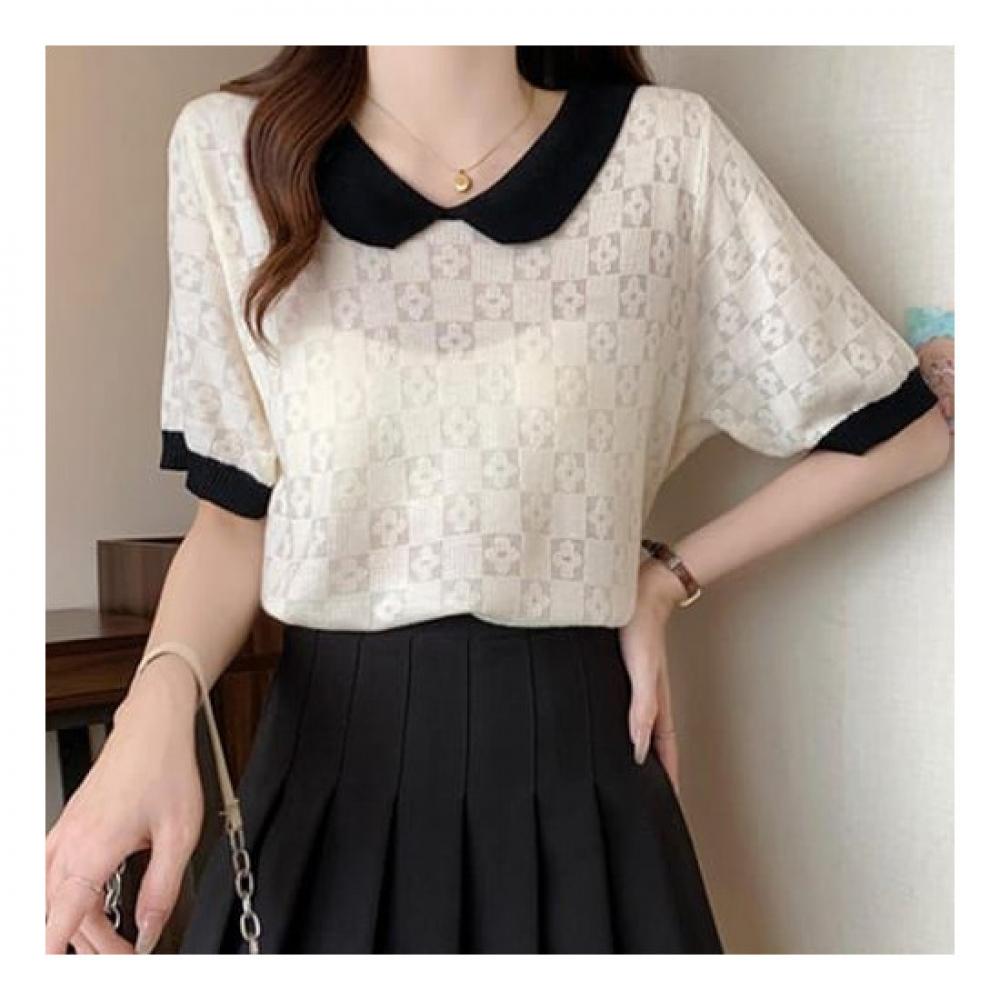 Navava Cute Lovely Check Thin Collar Short Sleeve Knit Nk2174