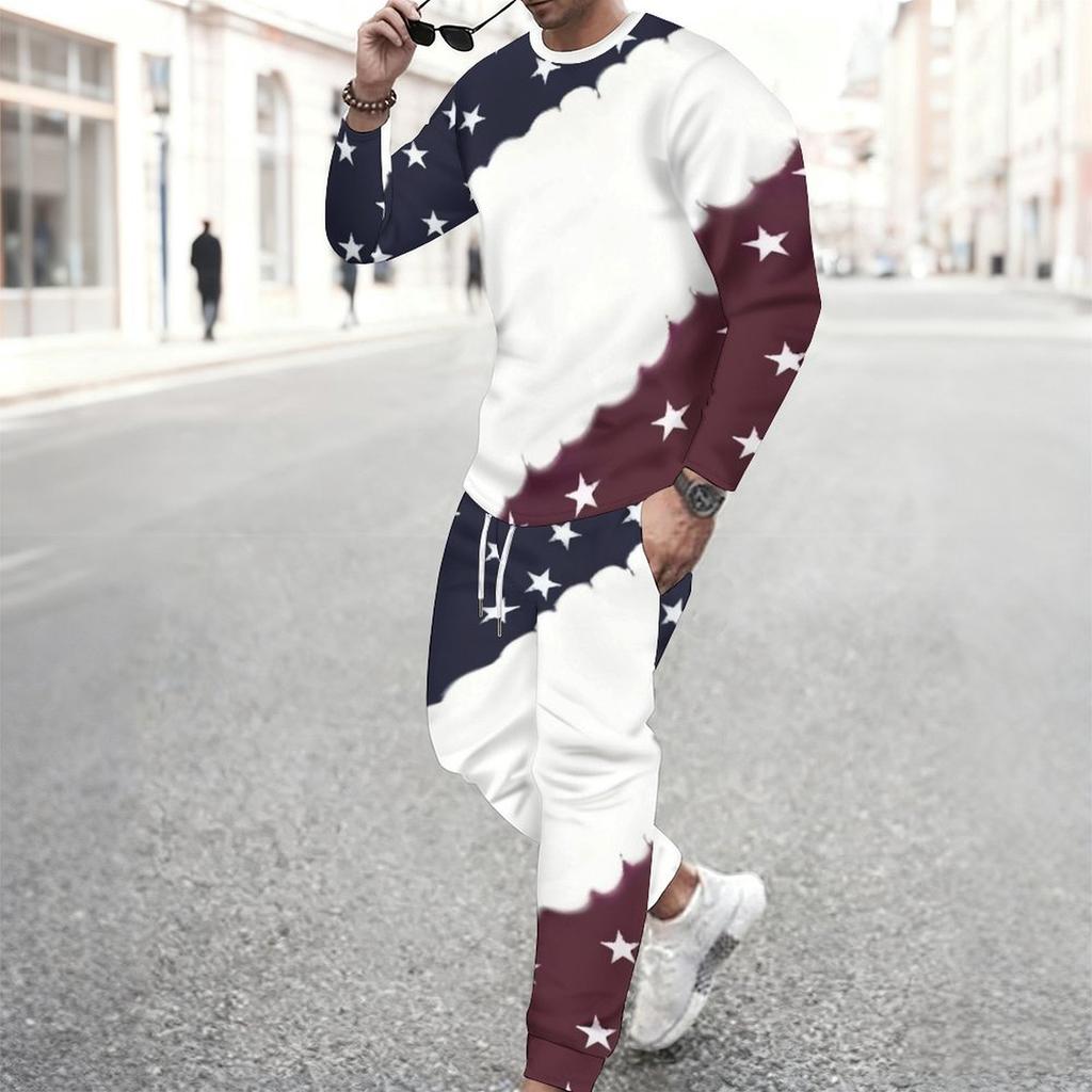 Men Star Gradient Print Round Neck Long Sleeve Top And Drawstring Jogger Pants Two Piece Casual Sport Outfit Set