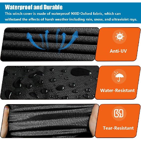 Winch Cover, Waterproof Dustproof Winch Protection Cover With Reflective Ribbon For 8000-13500 Lbs Electric Winch (Black Ribbon)