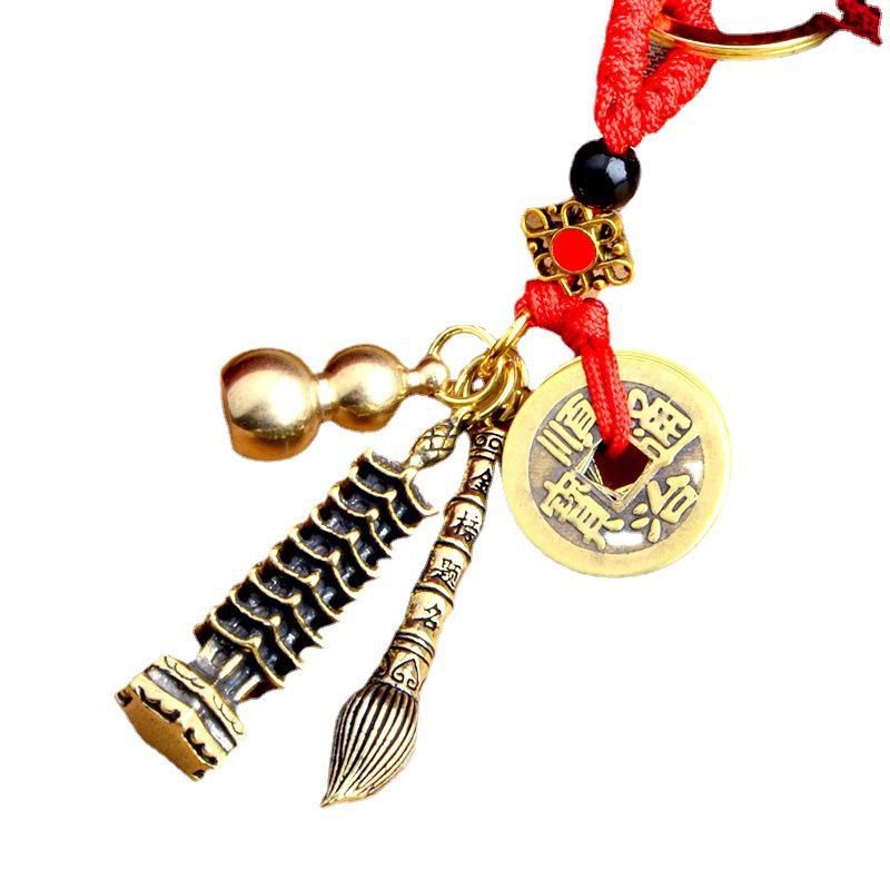Retro-Style Pure Brass Nine-Story Wenchang Pagoda Pendant Keychain with Five Emperors Coin