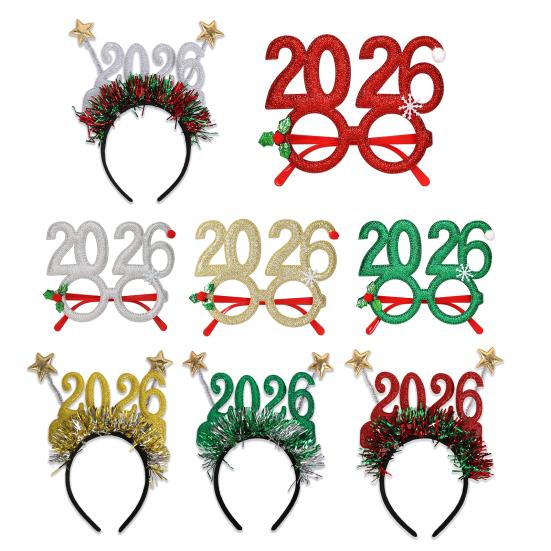2026 Nyttårsfest Briller Lett Rød Glitter Brilleinnfatning med Snøfnugg Kristtorn Dekorasjon Festlig Paljett Hårbøyle
