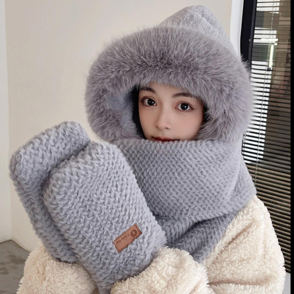 

Утолщенные плюшевые женские шапки-бини с симпатичными медвежьими ушками, интегрированная шапка-шарф на осень-зиму серый