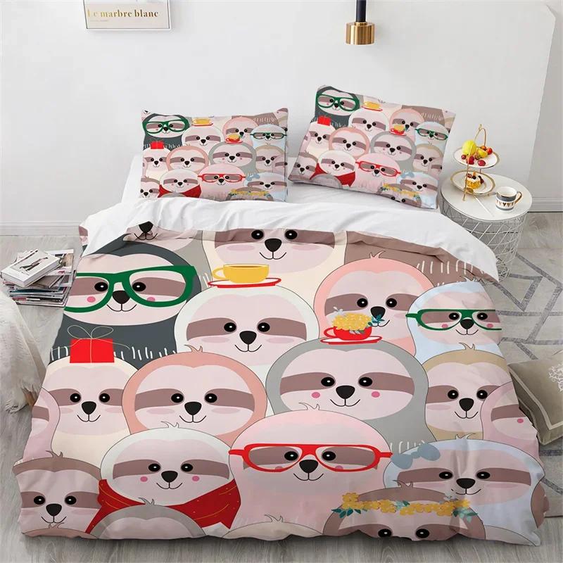 Sloth Bedding Set Kawaii Animals Comforter Cover For Boys Girls Teens,Botancial Flowers Duvet Cover Cartoon Wildlife Quilt Cover