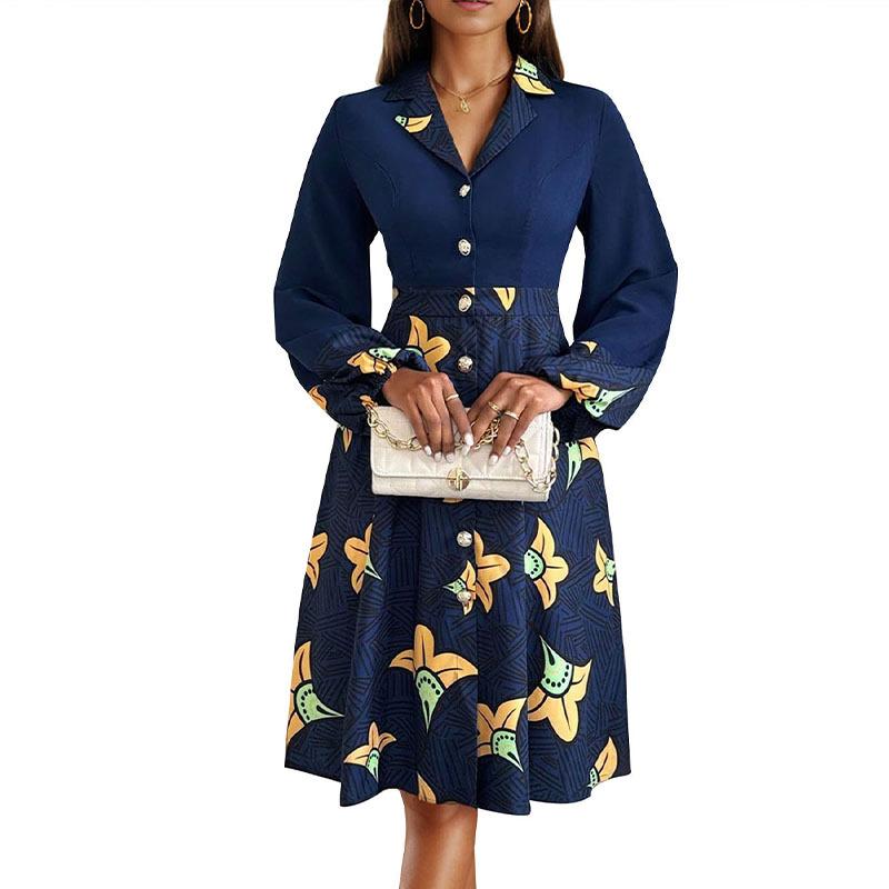 Herbst Damenkleid Hohe Taille Strickjacke Bedruckte Kleider