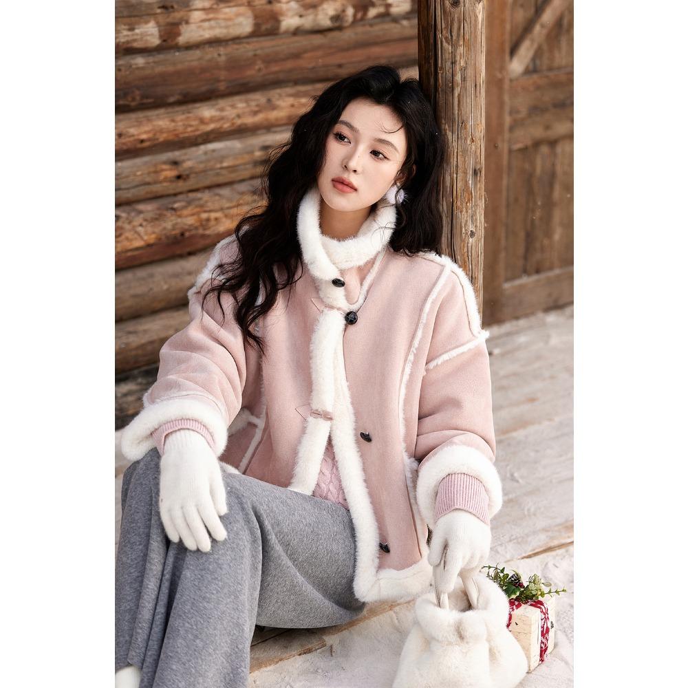 

MISHOW кожаная шуба с меховым воротником и сумкой женская зимняя одежда замшевая плюшевая куртка с карманом мягкие утолщенные теплые топы MXD57W0737 L розовый