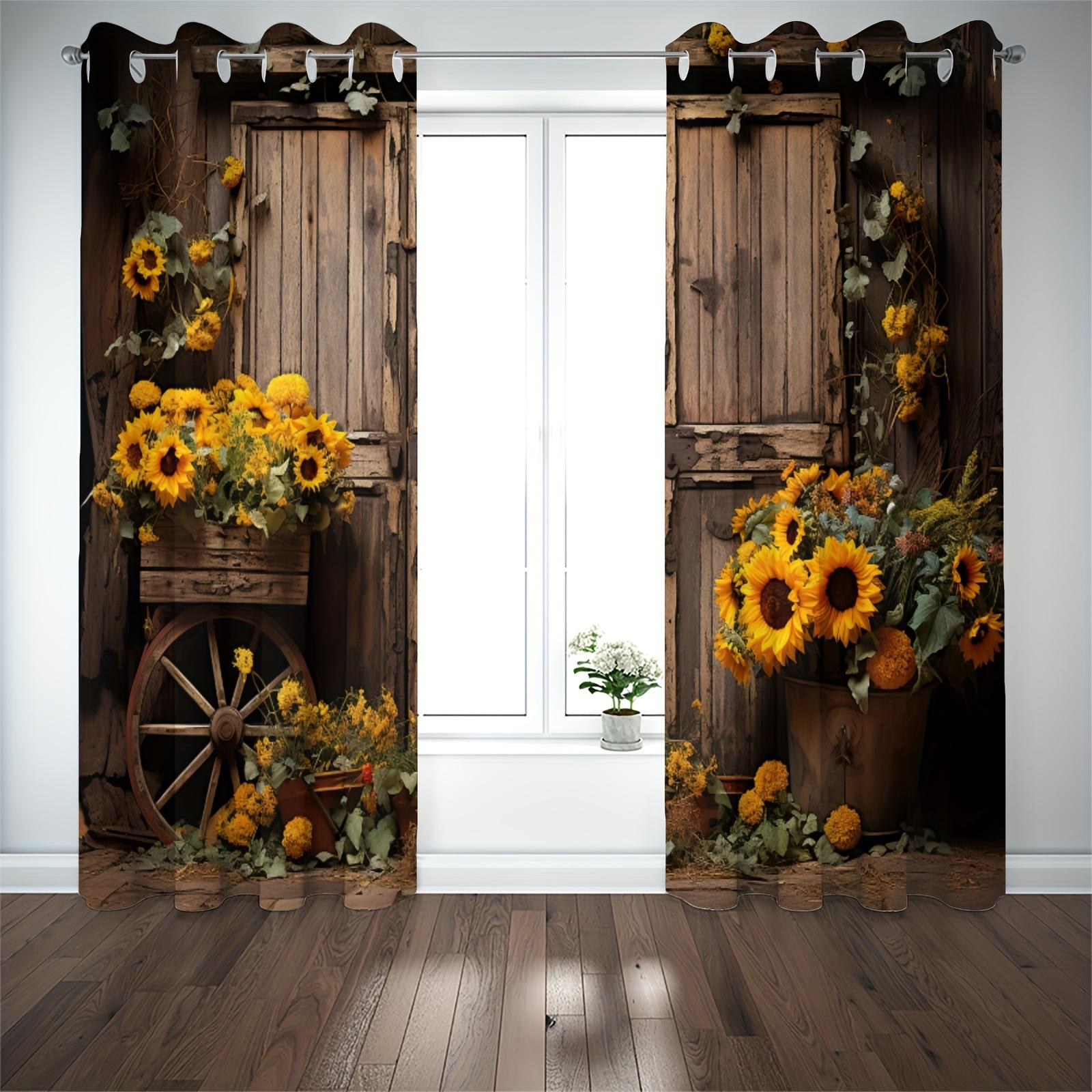 

2pcs Rustic Wooden Wild Flowers Vintage Western Country Style Brown Grommet Top Printed Windows Curtains For Bedroom Office 100W130H(CM)&Rod Pocket