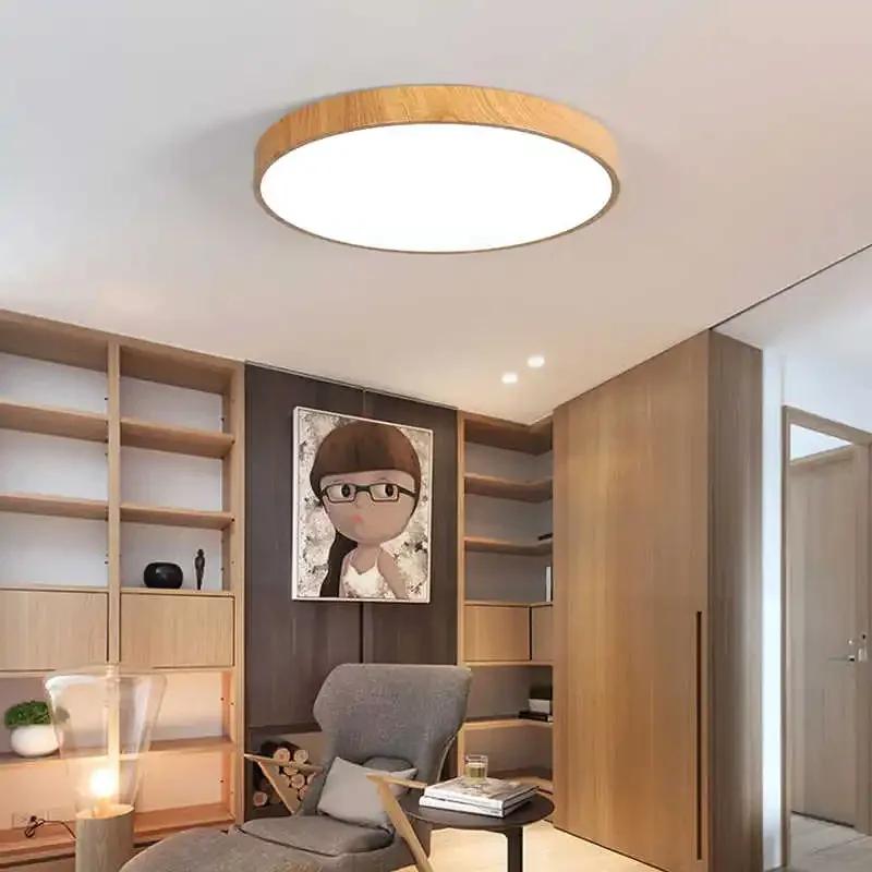 Nordic LED Ceiling Light for Living Room Bedroom Room Study Balcony Corridor Lamp Round Wood Color Indoor Decor Lighting Fixture
