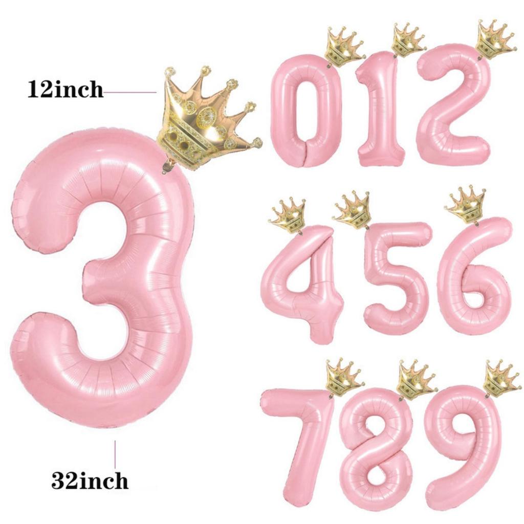 32/42inch Crown Decor Pink Aluminum Foil Digital Balloon Number Balloon For Birthday Party Decor Supplies Girls Birthday Favor