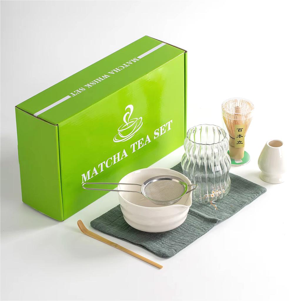 7 Pcs Matcha Whisk Set with Ceramic Bowl Glass Cup Japanese Ceremony Matcha Tea Making Tools Matcha Kit for Tea Ceremony