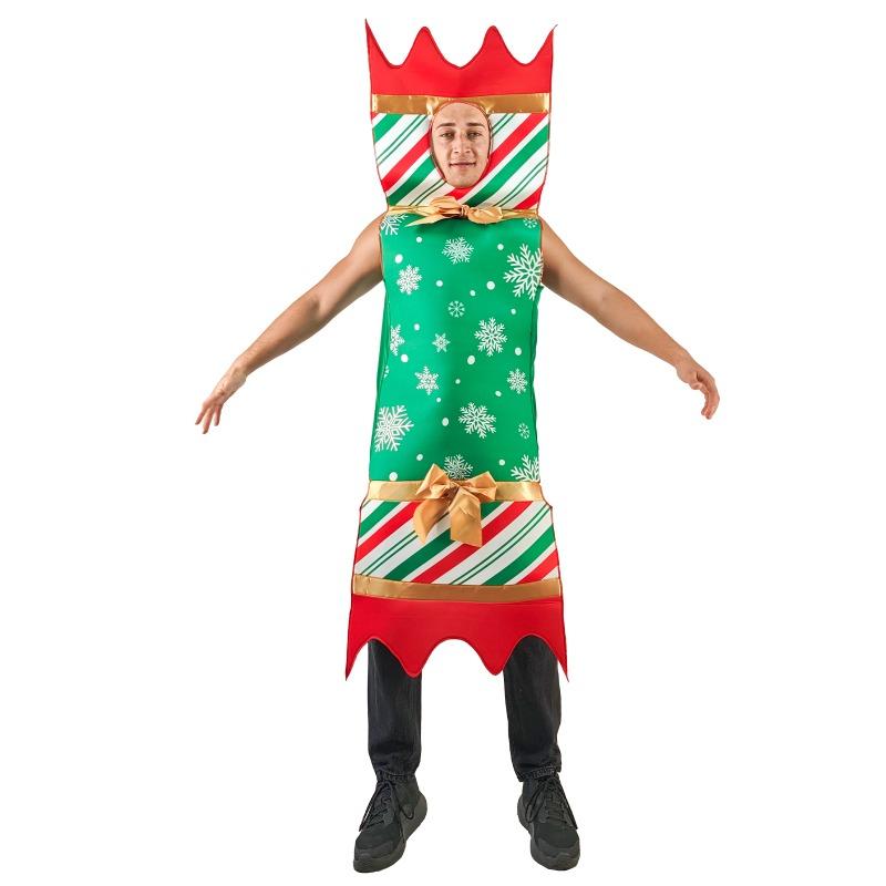 Adult Christmas Cracker Costume Men Funny Christmas Party Props Festival Theme Red and Green Gold Jumpsuits