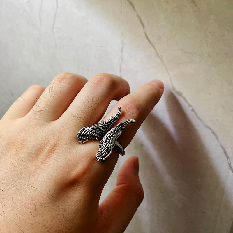 Retro Großer Engelsflügel Ring Für Männer Frauen Silberfarbe Punk Gothic Offener Ring Handgefertigt Designer Schmuck Unisex Accessoires Geschenk