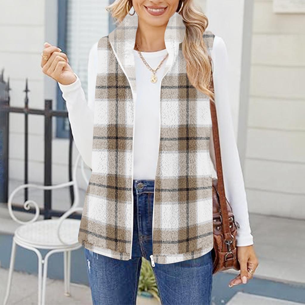 Damska modna i ciepła kamizelka kardiganowa z polaru w kratę