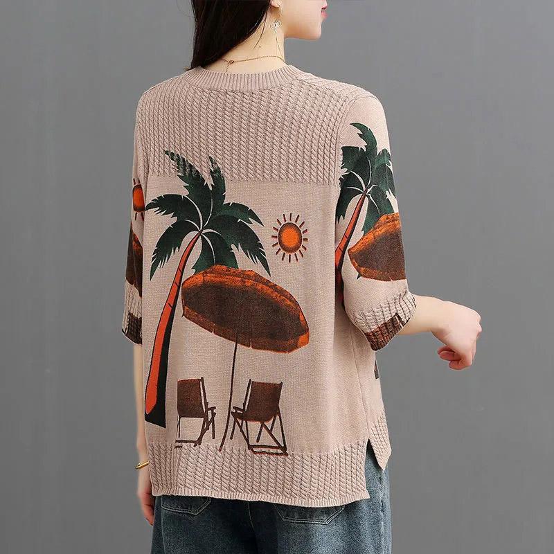 Cotton Sweater Women Plus Size Autumn Loose Round Neck Retro Printing Sweater Comfortable and Versatile Elastic Knit Sweater