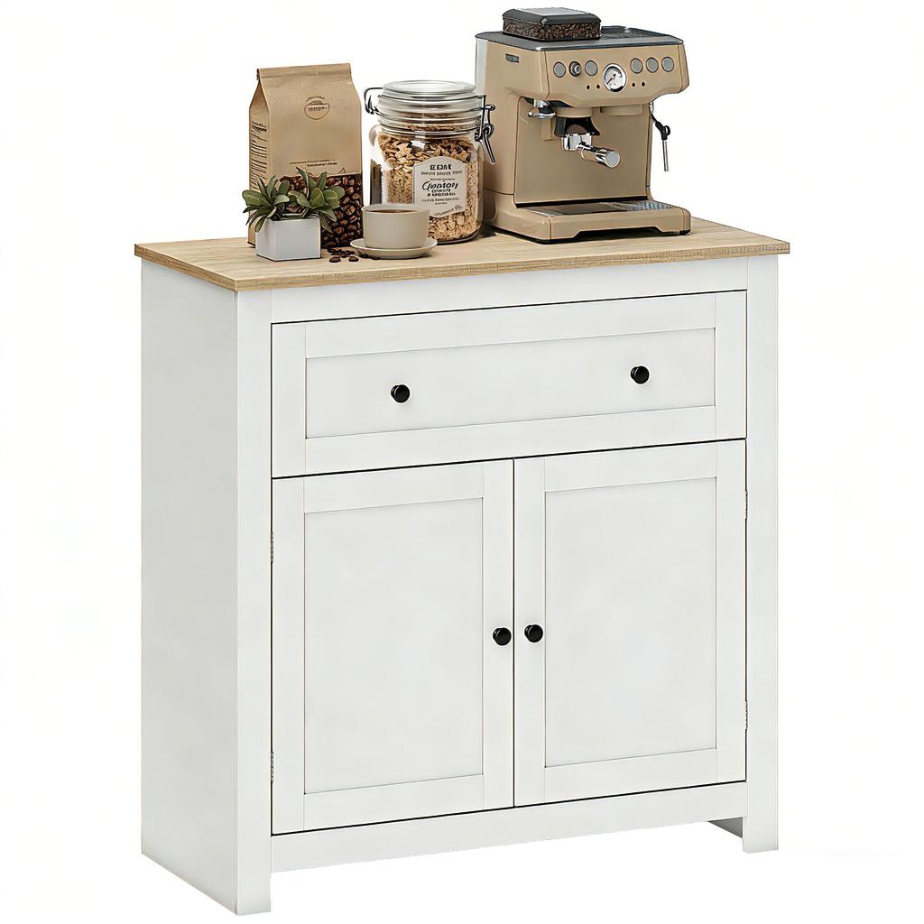 Sideboard Storage Cabinet, Modern Kitchen Cupboard with Adjustable Shelf, Drawer and Double Doors, Cream White