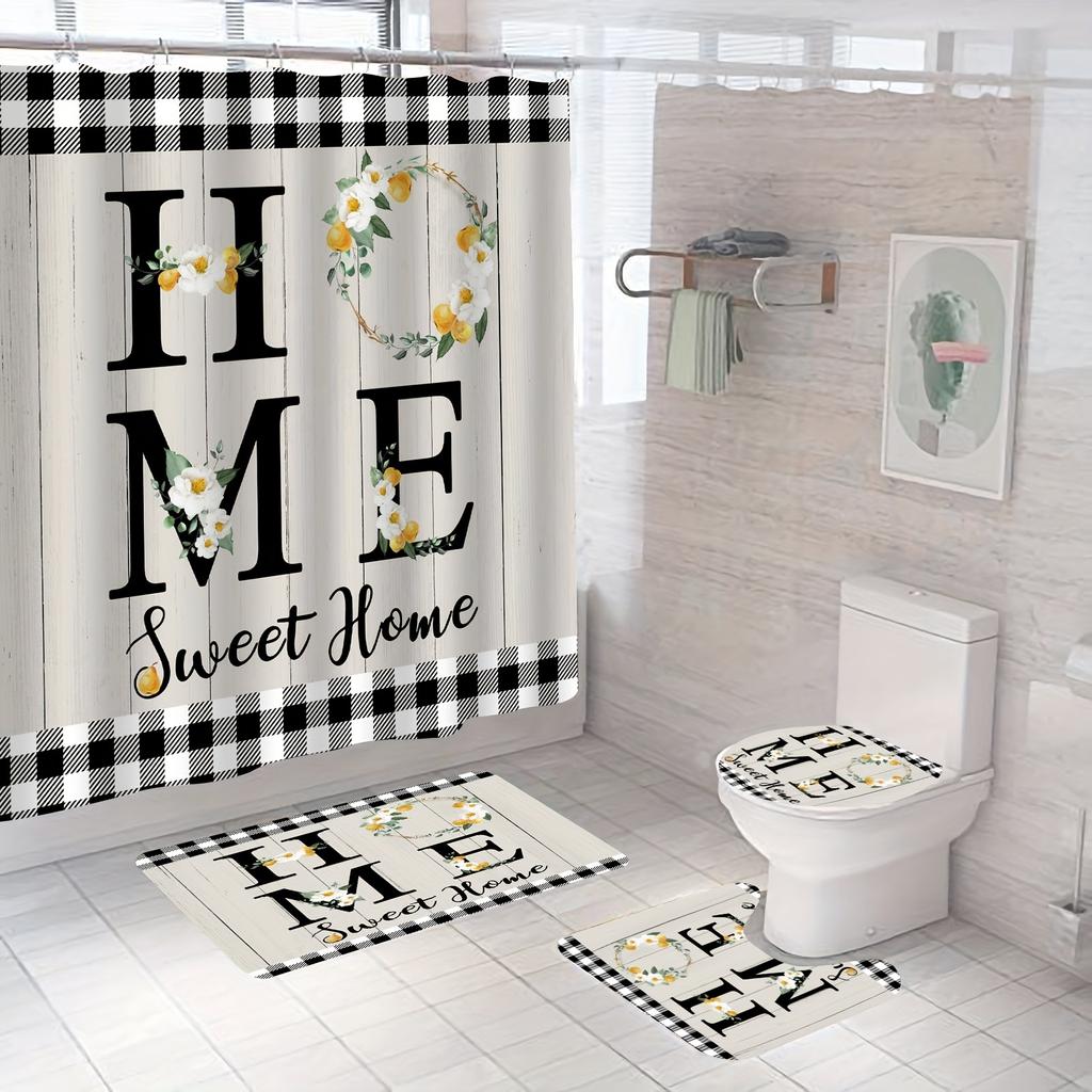 4 szt. Sweet Home Wood Plaid zasłona prysznicowa zestawy wodoodporne do łazienki antypoślizgowe dywaniki łazienkowe pokrywa nakładka na toaletę mata do kąpieli zestaw łazienkowy