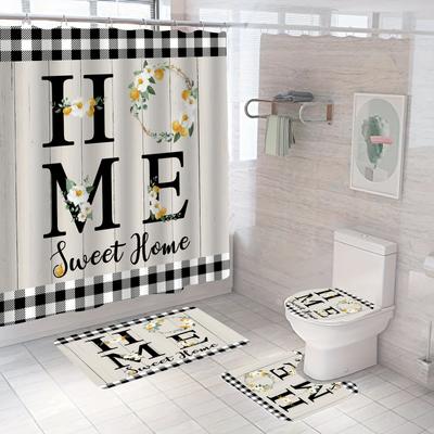 4Pcs Sweet Home Wood Plaid Shower Curtain Sets Waterproof for Bathroom Non-Slip Bathroom Rugs Lid Toilet Cover Bath Mat Bathroom Set