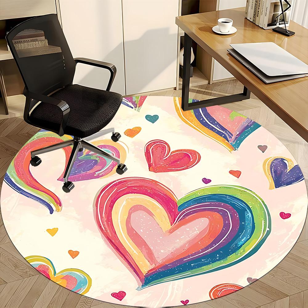 1pc Rainbow Hearts Decor Office Round Rug, Non-slip, Soft and Durable Office Rug for Interior Decoration, Perfect for Office, Beautiful Decoration Yy2