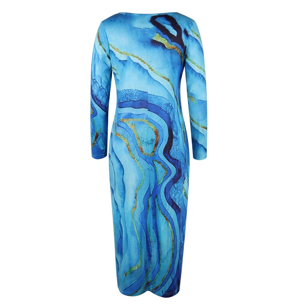 Women's  And Winter Printed Round Neck Long Sleeve Dress With Pockets
