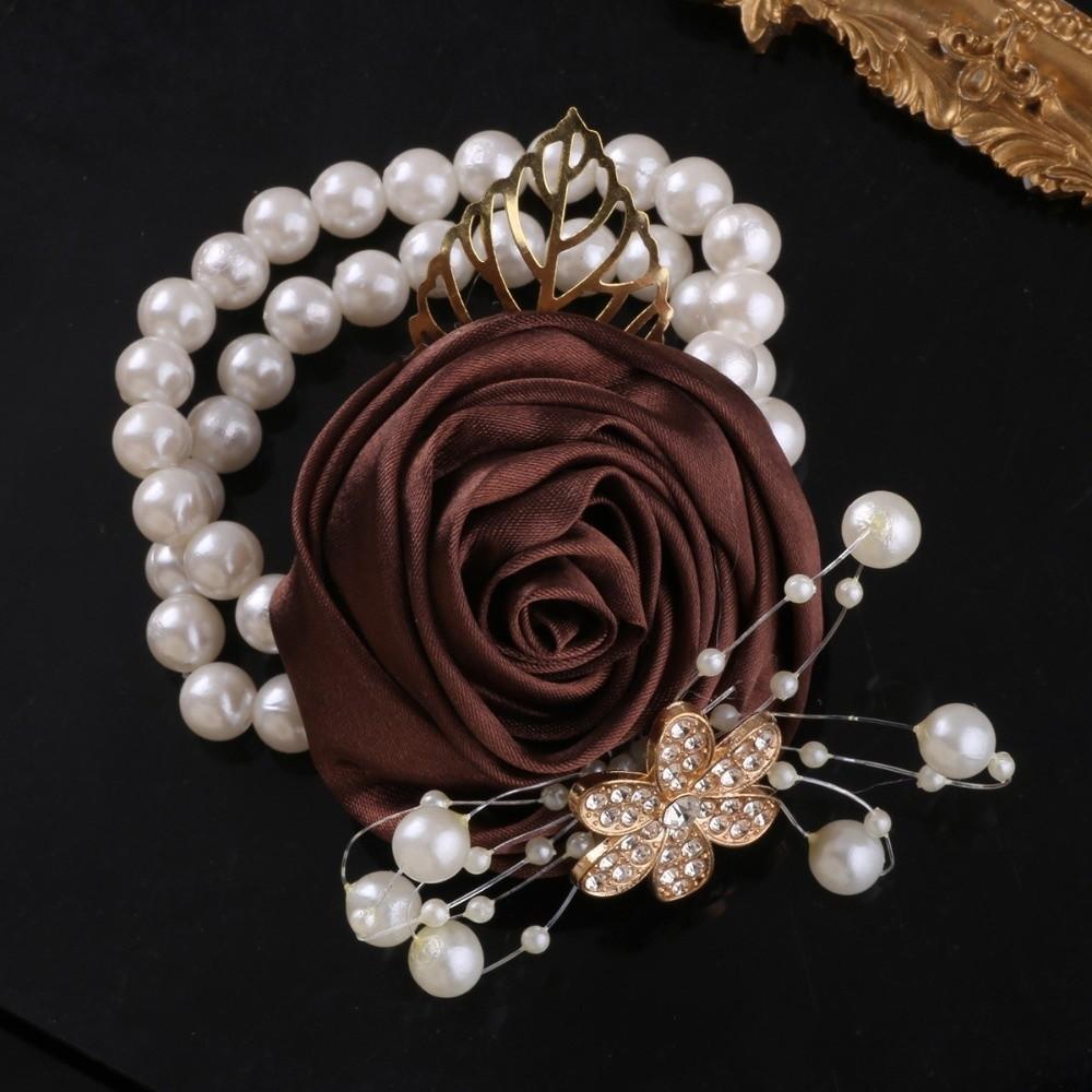 Pearl Bridesmaid  Wrist Flowers Ribbon Wedding Flower Bracelet Romantic Wrist Corsage  Bride кофейный