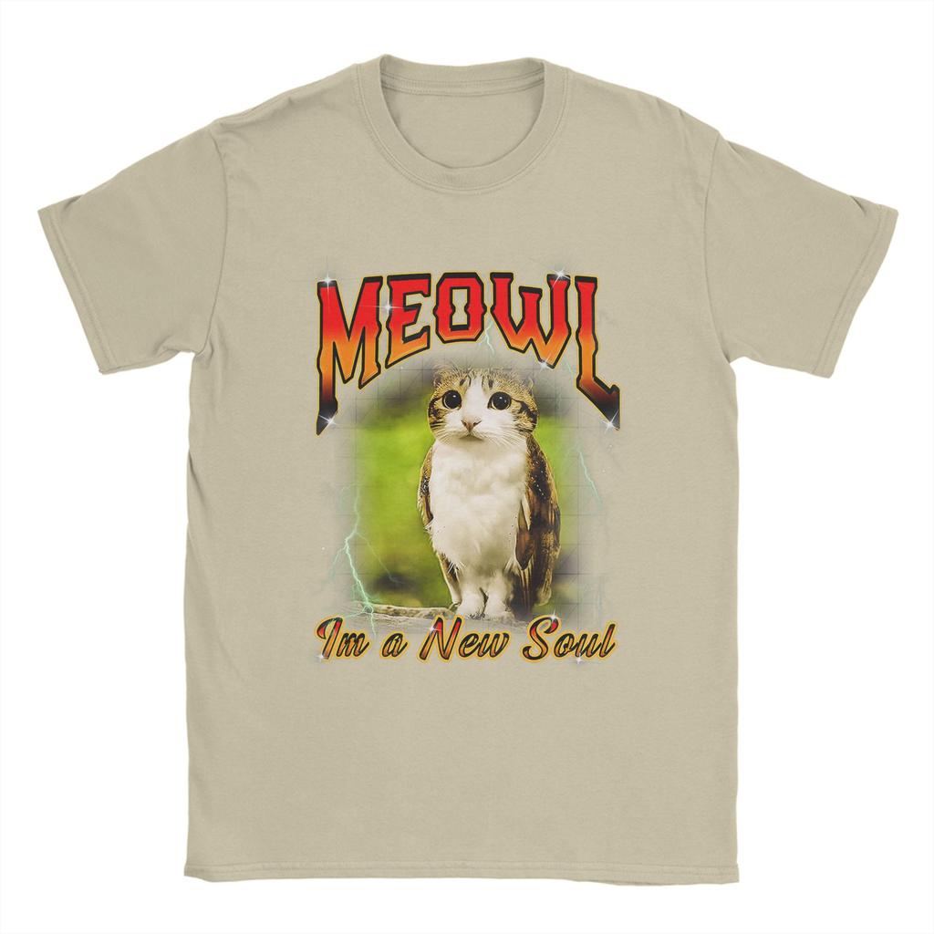 Humor Cat Owl Funny Cursed Internet Brainrot Bootleg Meowl TShirts Men 100 Cotton T Shirts Short Sleeve Plus Size Clothing