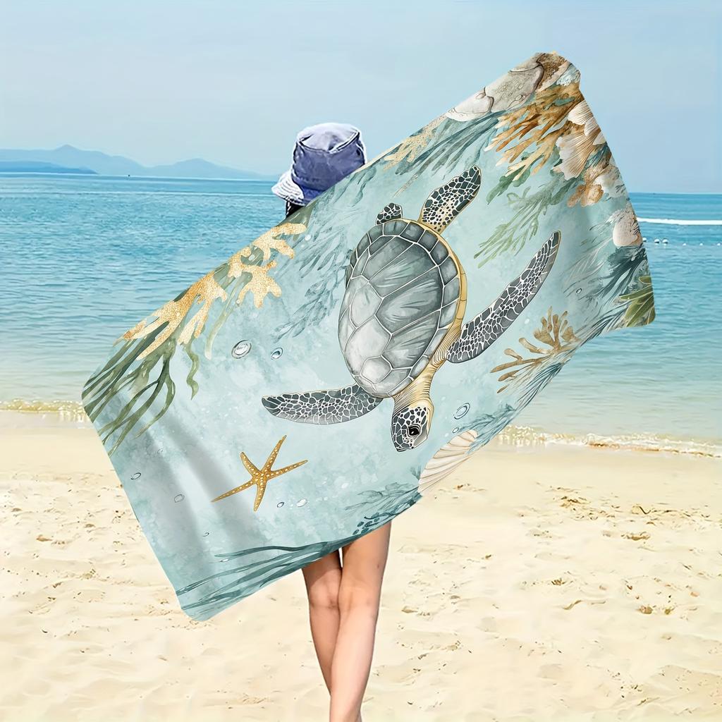 Vintage Sea Turtle Microfiber Beach Towel Extra Large Soft Comfortable Knit Fabric Towel with Fantasy Marine Pattern Quick-Dry