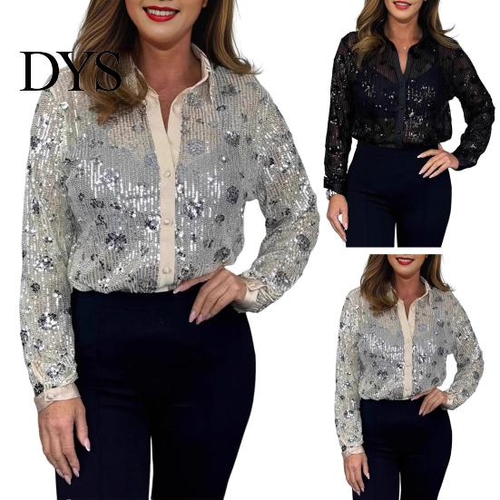 Elegant Sequin Shirt Women Collared Long Sleeve Button Down Sparkly Shiny Loose Blouse Top for Parties Clubs Bars Daily Wear Dressy
