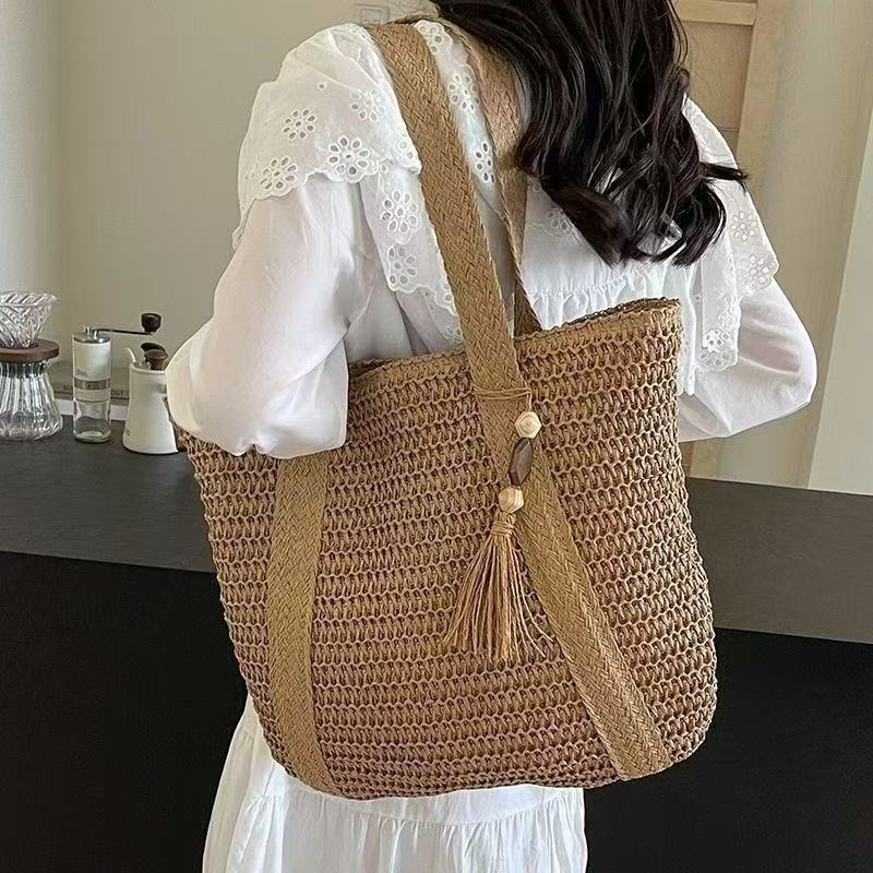1 Stück Etikettierte Selbstabhol-Strohtasche Neue Gewebte Tasche Gewebter Stoff Vielseitige Umhängetasche Pendler-Tragetasche
