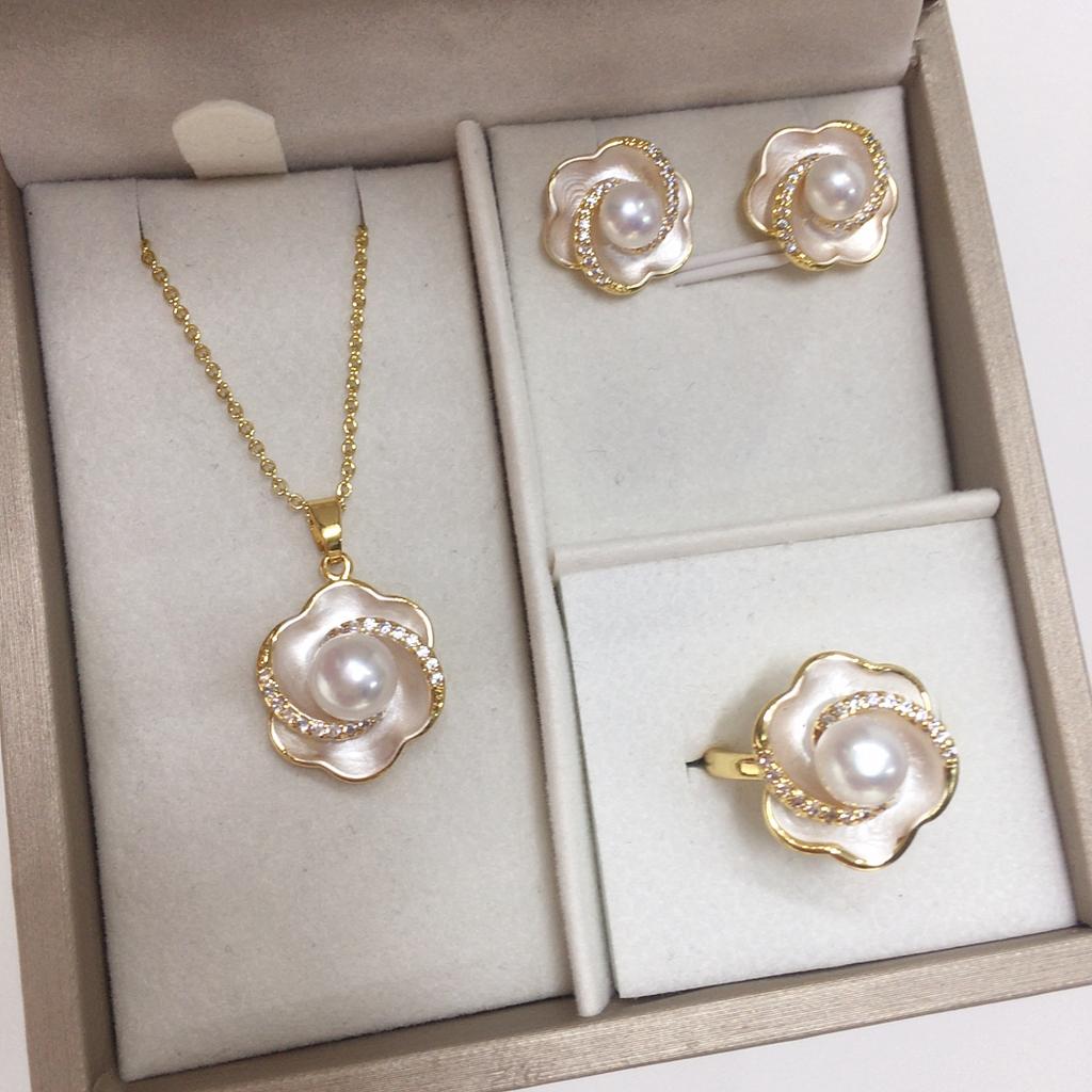 SHDIYAYUN Hot Sale Rolling Flower Natural Freshwater Pearl Earrings Necklace Rings Jewelry Set