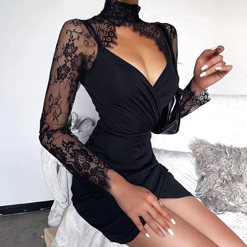 Long Sleeve Mesh Lace Bodycon Mini Dress Women Sexy Black Backless Bandage Hollow Out Vacation Beach Dresses 2022 Summer Autumn