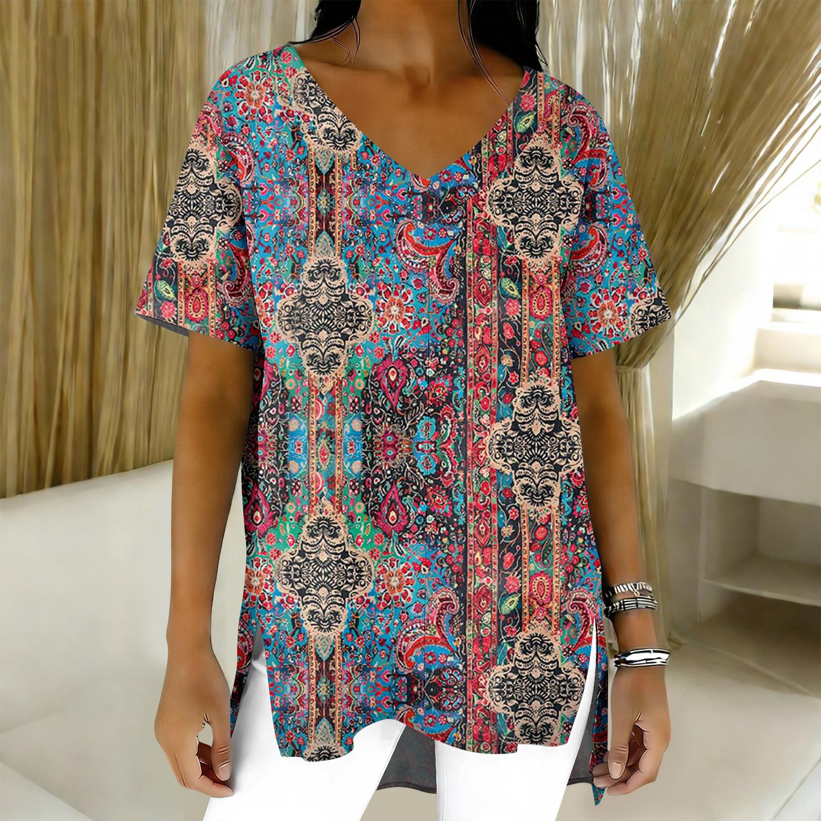 

Женская мода повседневный короткий рукав цветочный принт топ L синий