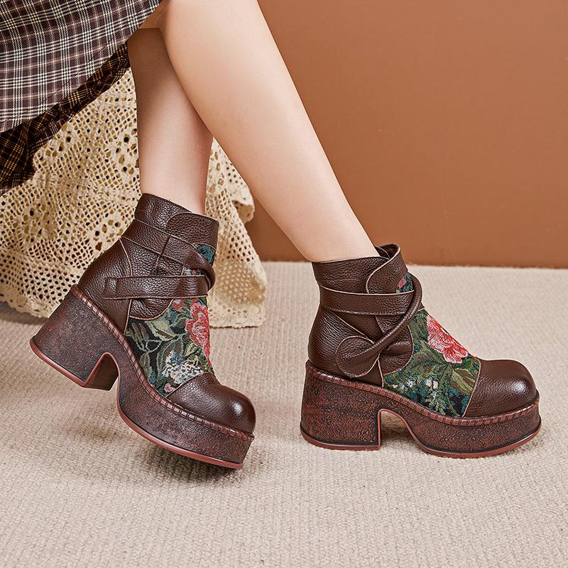 GKTINOO Women Motorcycle Boots Genuine Leather 2025 New Zip Round Toe Women Shoes Flowers Handmade Retro Ankle Platform Boots
