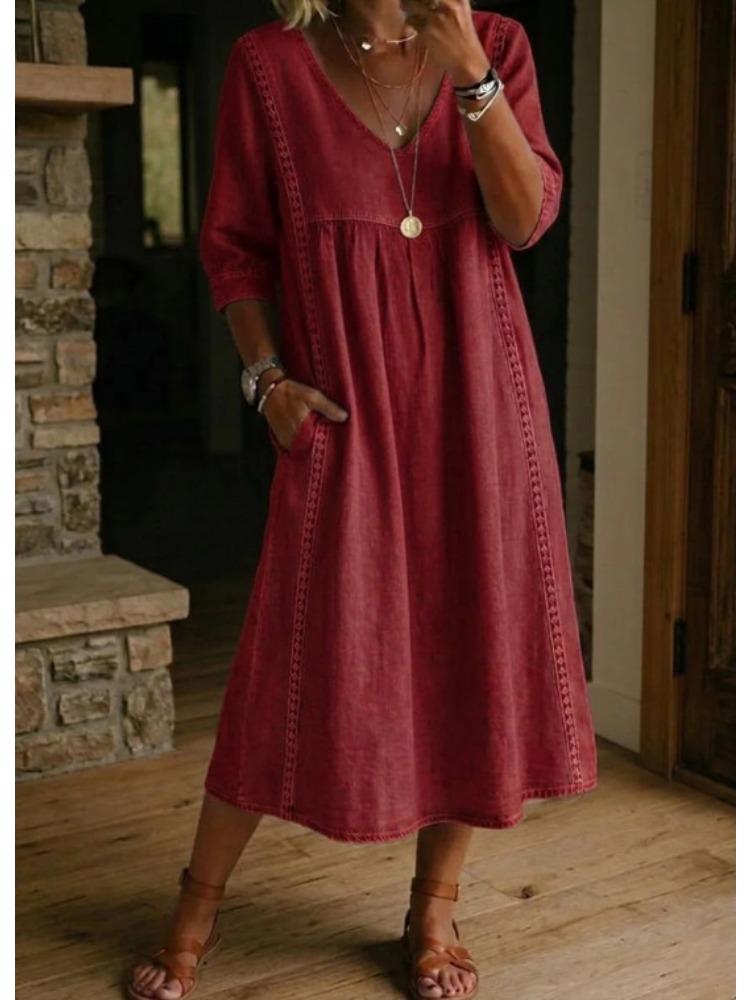 

Women s V-Neck Seven-Eighth Sleeve Midi Dress with Pocket Detail S