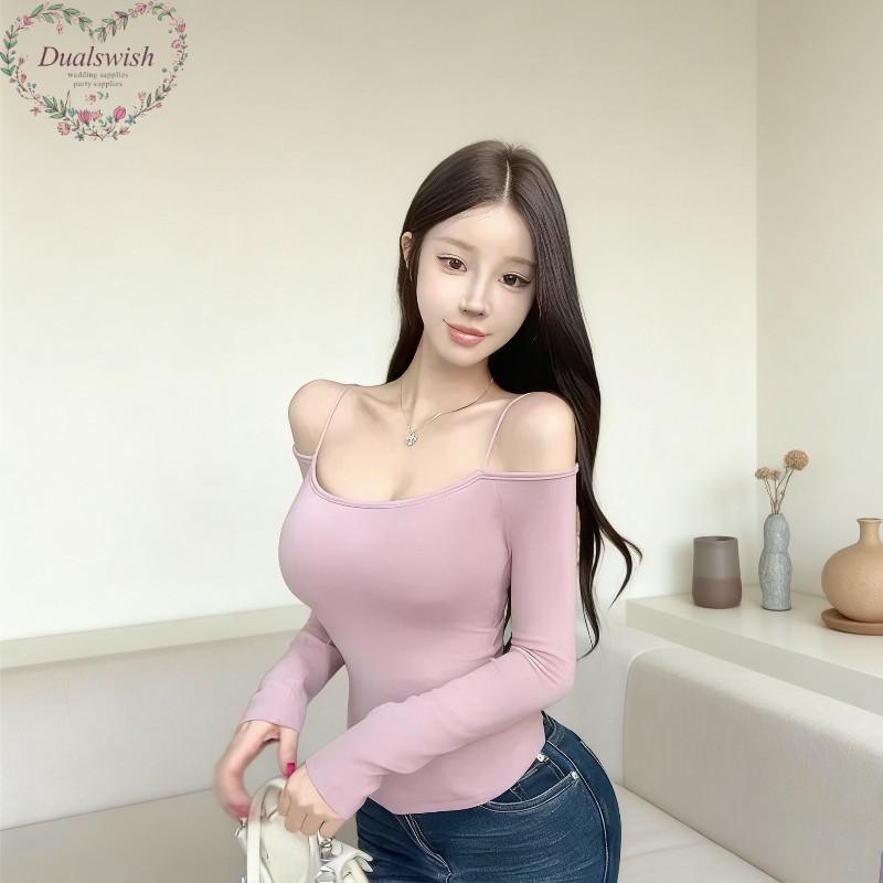 Maglietta da donna viola a maniche lunghe con spalle scoperte, con coppe di sostegno sul petto, alta elasticità, modellante in vita, vestibilità aderente, top base, outfit stile Pura Seduzione