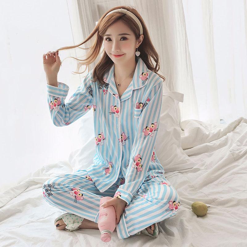 Spring And Autumn Pajamas Women'S Cardigan Long-Sleeved Trousers Korean Girls' Simple Cartoon Loungewear Suit Can Be Worn Outside