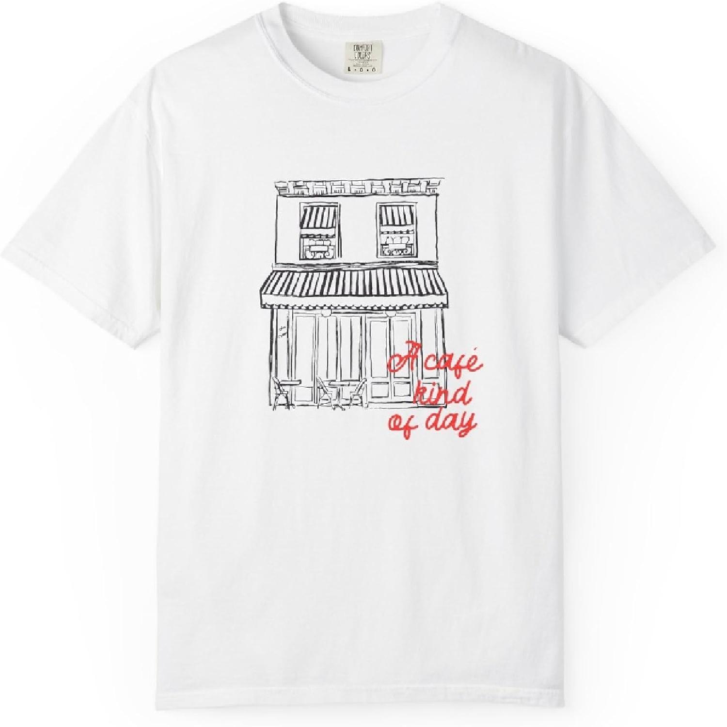 Café Kind of Day, Unisex Garment-Dyed T-Shirt, Minimal Coffee Shop Sketch Handdrawn Doodle French Line Art CG-020 S